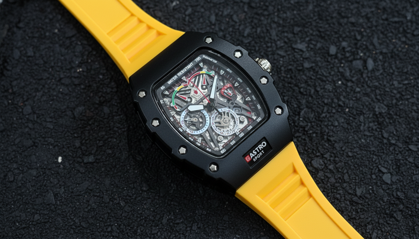 GASTRO Sport Skeleton Dial Watch | Black Case & Yellow Strap | Luxury Automatic Design