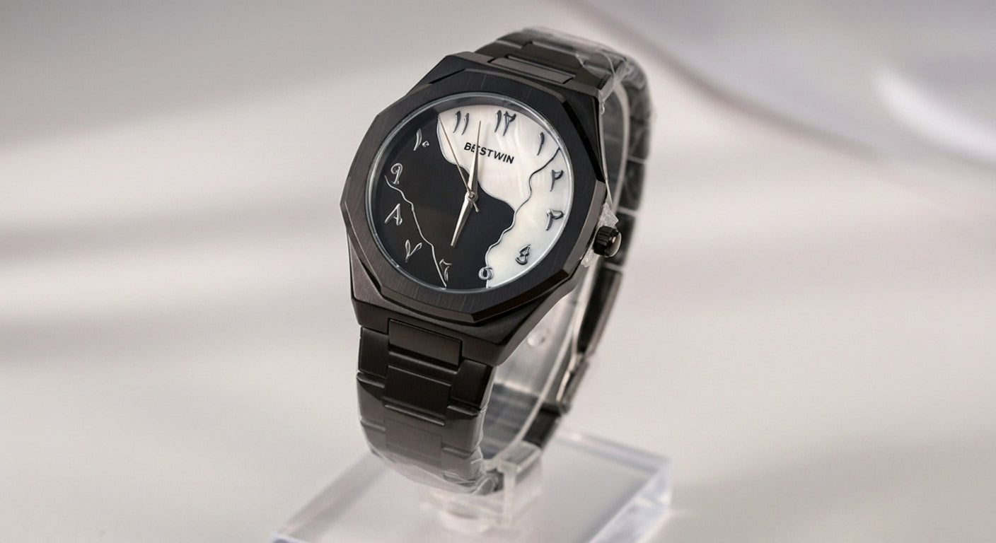 BESTWIN Luxury Black Arabic Numeral Watch | Unique Yin-Yang Dual Tone Dial