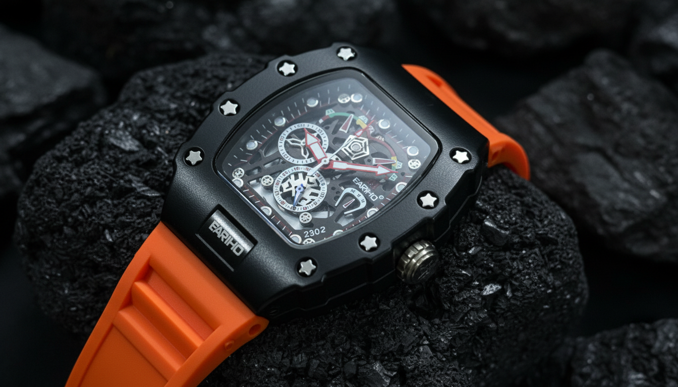 EARIHO Sport Skeleton Chronograph Watch | Black Case with Orange Silicone Strap