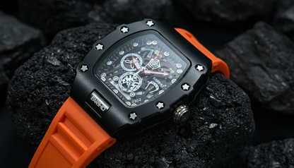 EARIHO Sport Skeleton Chronograph Watch | Black Case with Orange Silicone Strap