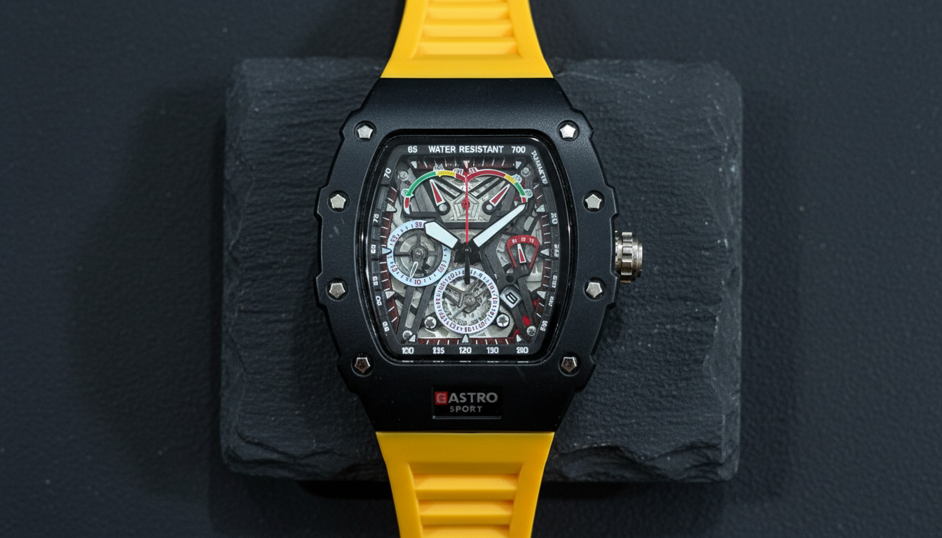 GASTRO Sport Skeleton Dial Watch | Black Case & Yellow Strap | Luxury Automatic Design