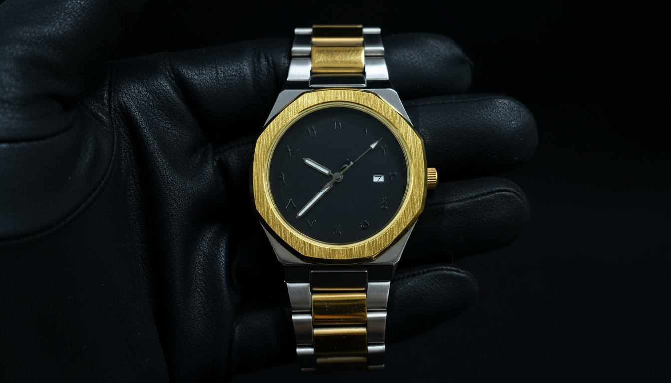 BESTWIN Black Dial Arabic Numeral Watch | Two-Tone Gold & Silver Stainless Steel Luxury Timepiece