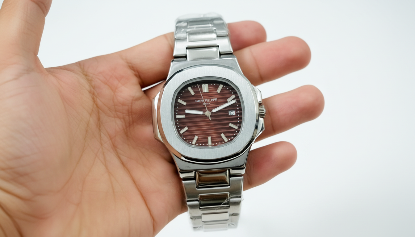 Patek Philippe Geneve Nautilus Luxury Silver Watch | Brown Textured Dial Stainless Steel