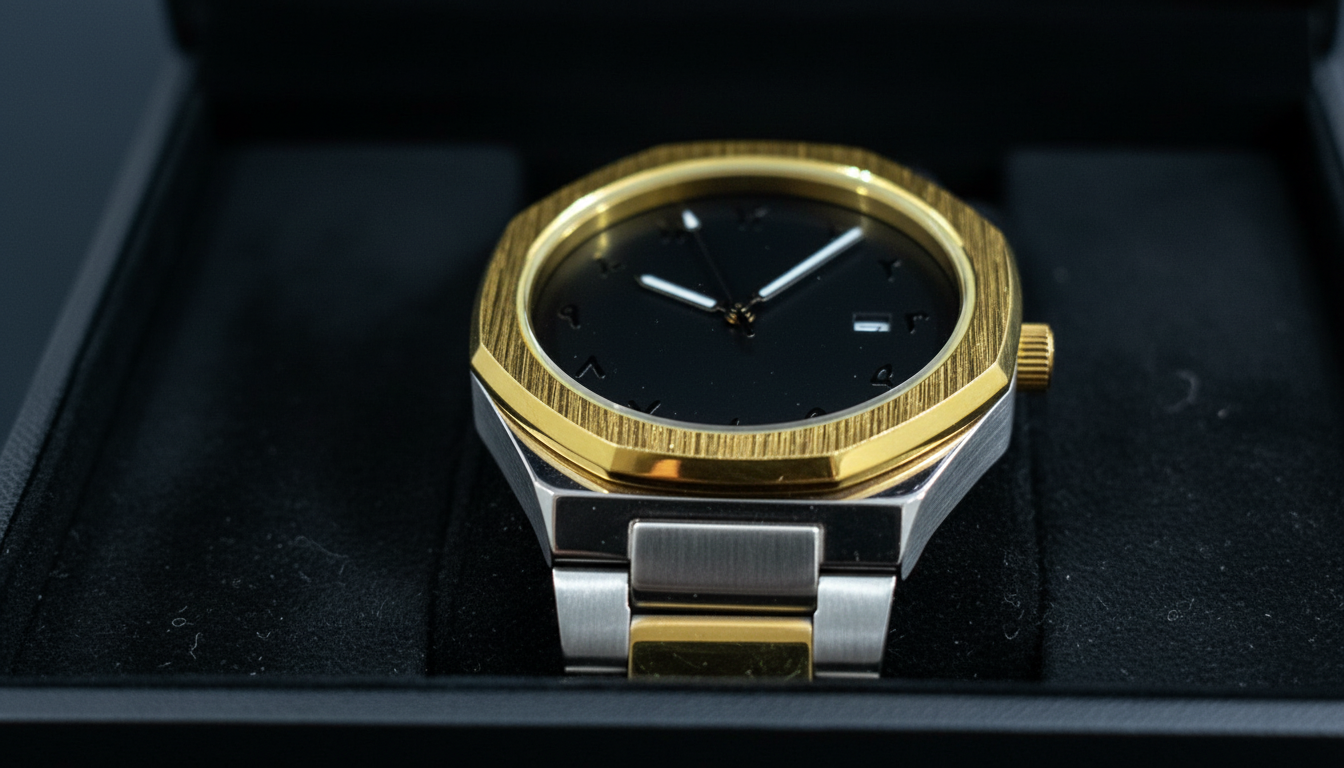 BESTWIN Black Dial Arabic Numeral Watch | Two-Tone Gold & Silver Stainless Steel Luxury Timepiece