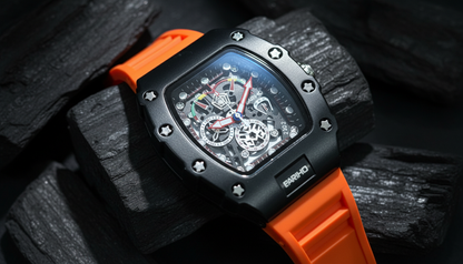EARIHO Sport Skeleton Chronograph Watch | Black Case with Orange Silicone Strap