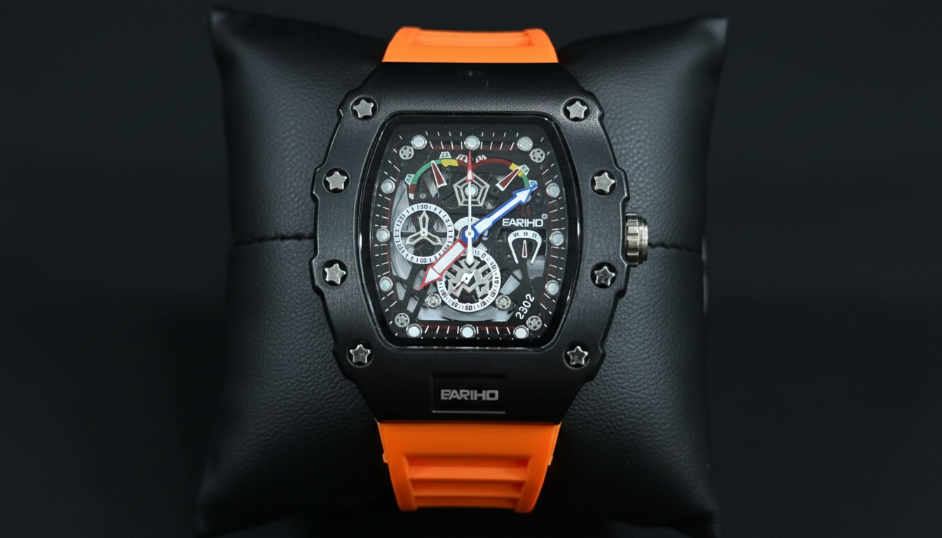 EARIHO Sport Skeleton Chronograph Watch | Black Case with Orange Silicone Strap