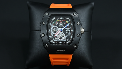 EARIHO Sport Skeleton Chronograph Watch | Black Case with Orange Silicone Strap