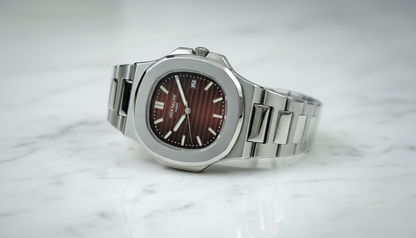 Patek Philippe Geneve Nautilus Luxury Silver Watch | Brown Textured Dial Stainless Steel
