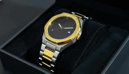 BESTWIN Black Dial Arabic Numeral Watch | Two-Tone Gold & Silver Stainless Steel Luxury Timepiece