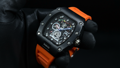 EARIHO Sport Skeleton Chronograph Watch | Black Case with Orange Silicone Strap