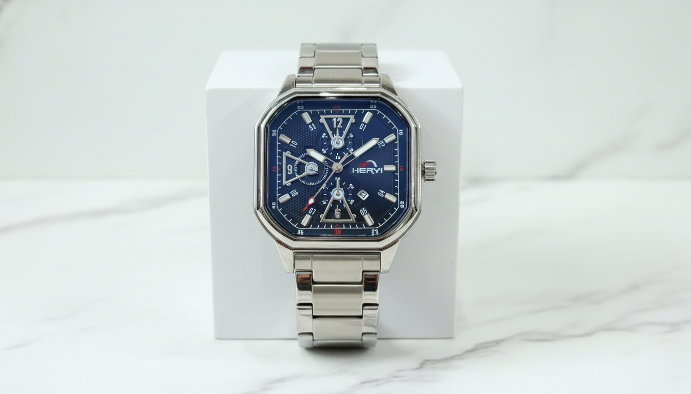HERYI Royal Blue Chronograph Watch | Stainless Steel Luxury Square Dial Men’s Wristwatch