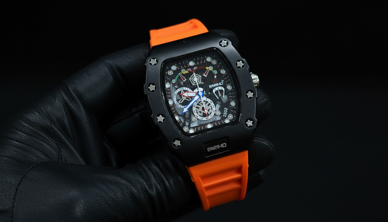 EARIHO Sport Skeleton Chronograph Watch | Black Case with Orange Silicone Strap