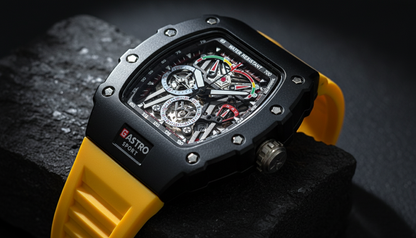 GASTRO Sport Skeleton Dial Watch | Black Case & Yellow Strap | Luxury Automatic Design