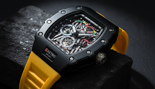GASTRO Sport Skeleton Dial Watch | Black Case & Yellow Strap | Luxury Automatic Design
