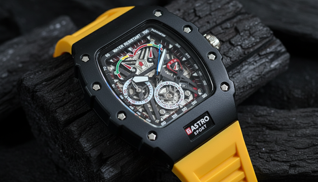 GASTRO Sport Skeleton Dial Watch | Black Case & Yellow Strap | Luxury Automatic Design