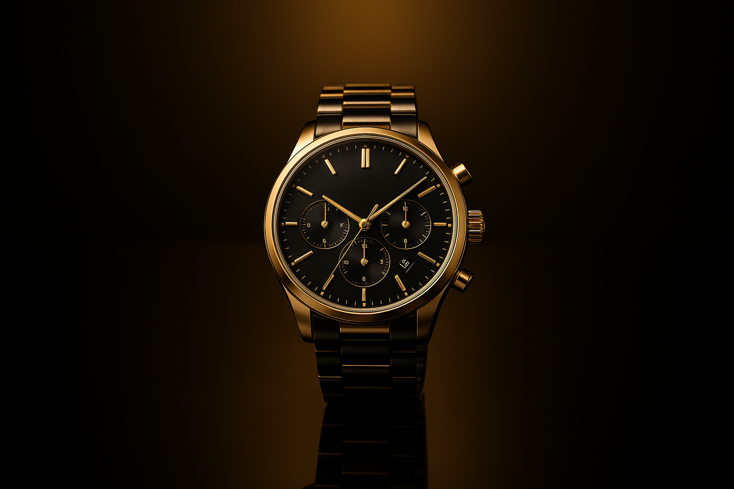 A luxury men's wristwatch displayed on a reflective black surface with soft golden-yellow ambient lighting, the watch featuring a black dial, golden accents, and a premium metal strap. Elegant, high-end studio lighting, shallow depth of field, dark luxury background, cinematic glow, ultra-realistic product photography, minimalistic composition, perfect symmetry, professional e-commerce banner style, no text or watermark.