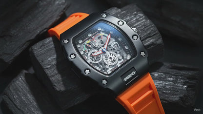 EARIHO Sport Skeleton Chronograph Watch | Black Case with Orange Silicone Strap